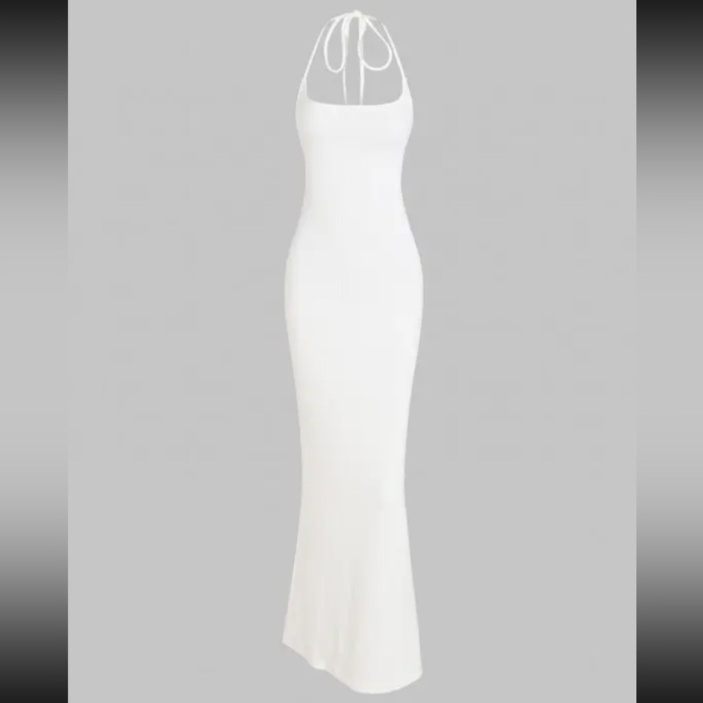Ribbed Tie Shoulder Open Back Dress - WHITE